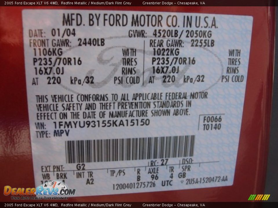 2005 Ford Escape XLT V6 4WD Redfire Metallic / Medium/Dark Flint Grey Photo #15