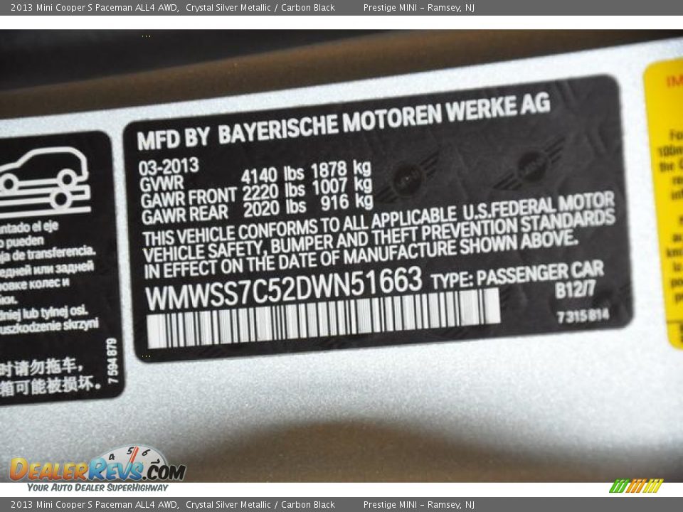 2013 Mini Cooper S Paceman ALL4 AWD Crystal Silver Metallic / Carbon Black Photo #22
