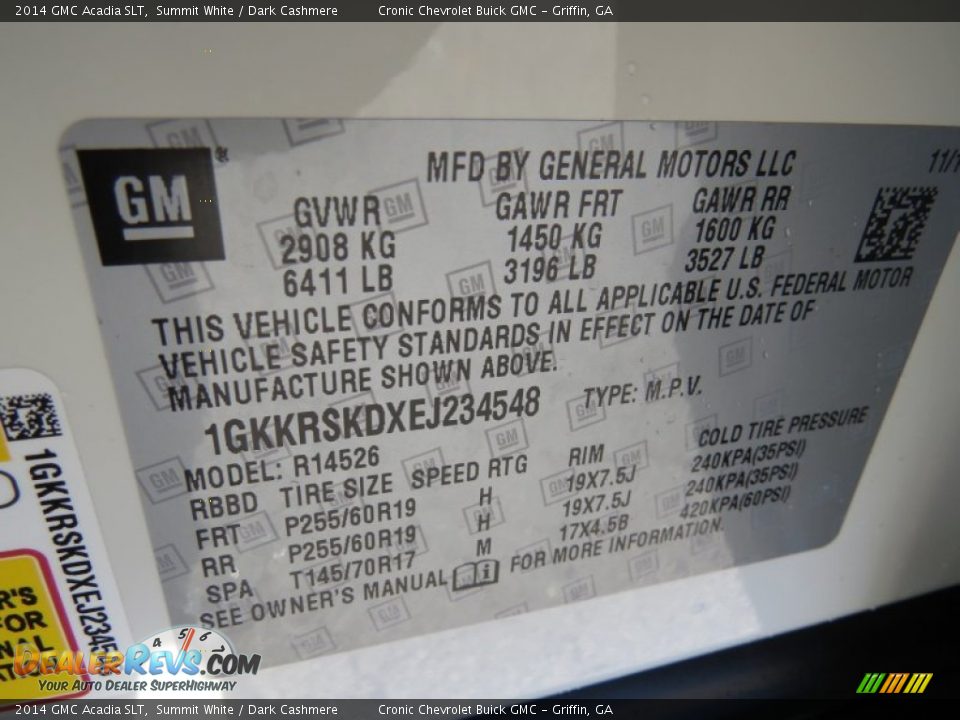 Info Tag of 2014 GMC Acadia SLT Photo #15