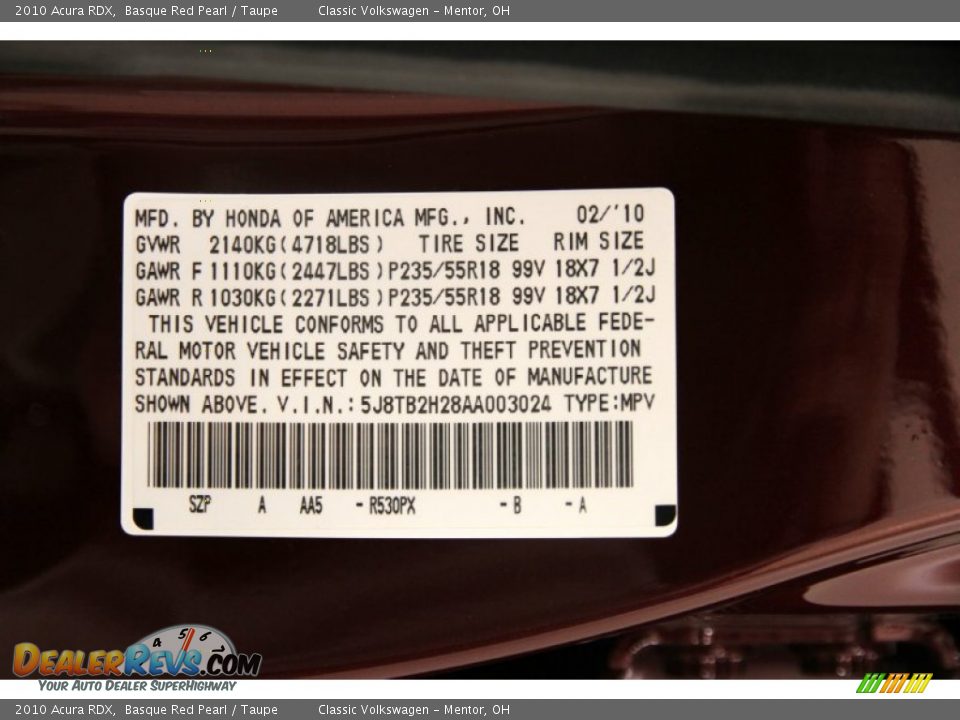 2010 Acura RDX Basque Red Pearl / Taupe Photo #26