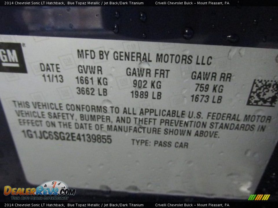 2014 Chevrolet Sonic LT Hatchback Blue Topaz Metallic / Jet Black/Dark Titanium Photo #20