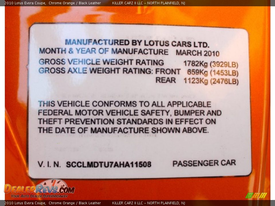 Info Tag of 2010 Lotus Evora Coupe Photo #27