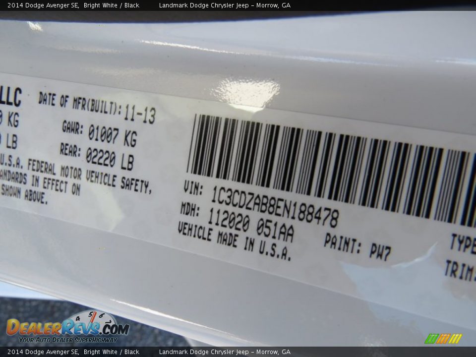 2014 Dodge Avenger SE Bright White / Black Photo #9