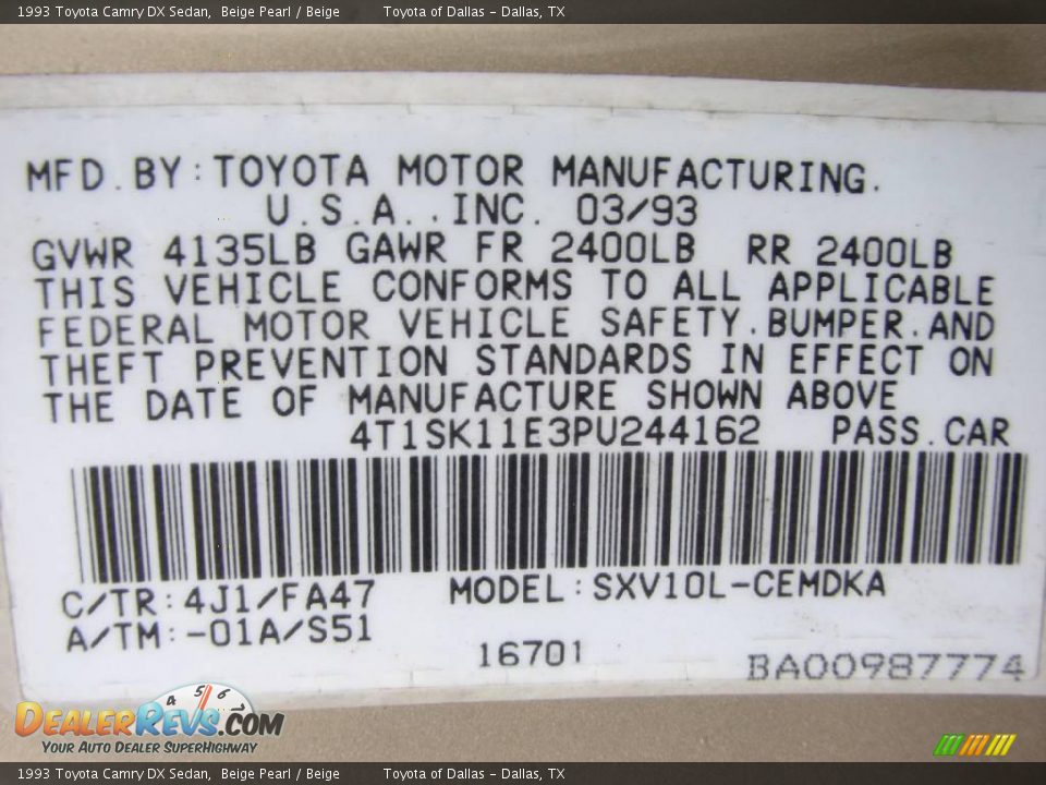 1993 Toyota Camry DX Sedan Beige Pearl / Beige Photo #15