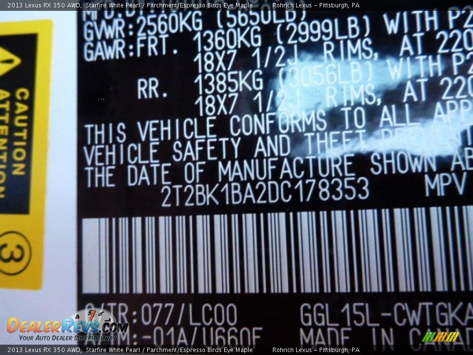 2013 Lexus RX 350 AWD Starfire White Pearl / Parchment/Espresso Birds Eye Maple Photo #25