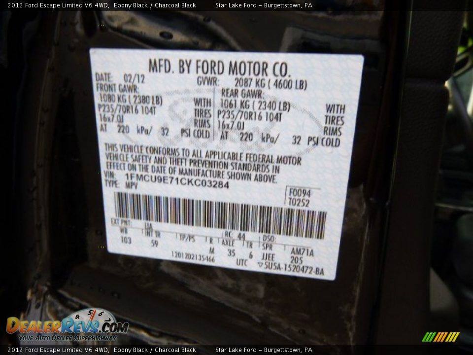 2012 Ford Escape Limited V6 4WD Ebony Black / Charcoal Black Photo #20