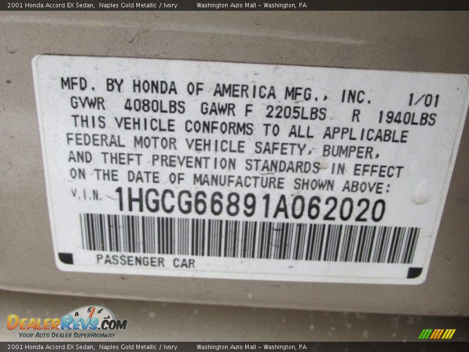 2001 Honda Accord EX Sedan Naples Gold Metallic / Ivory Photo #19