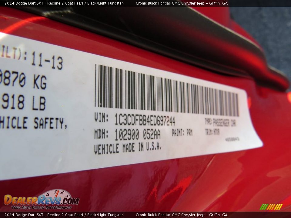 2014 Dodge Dart SXT Redline 2 Coat Pearl / Black/Light Tungsten Photo #17