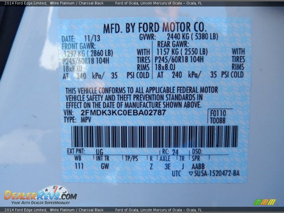 2014 Ford Edge Limited White Platinum / Charcoal Black Photo #13