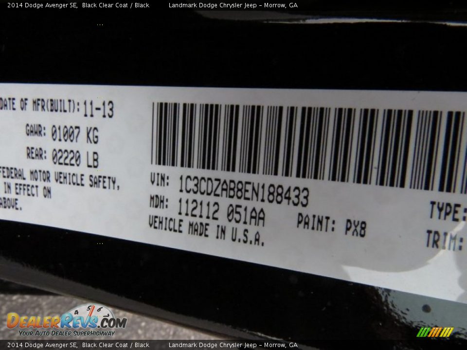 2014 Dodge Avenger SE Black Clear Coat / Black Photo #10