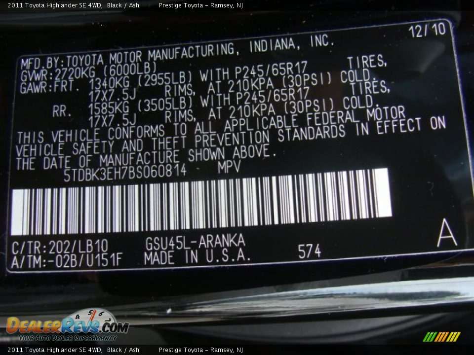 2011 Toyota Highlander SE 4WD Black / Ash Photo #15