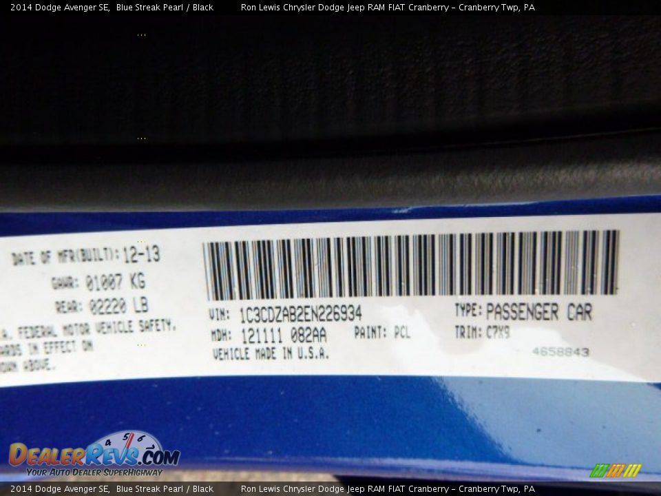 2014 Dodge Avenger SE Blue Streak Pearl / Black Photo #20