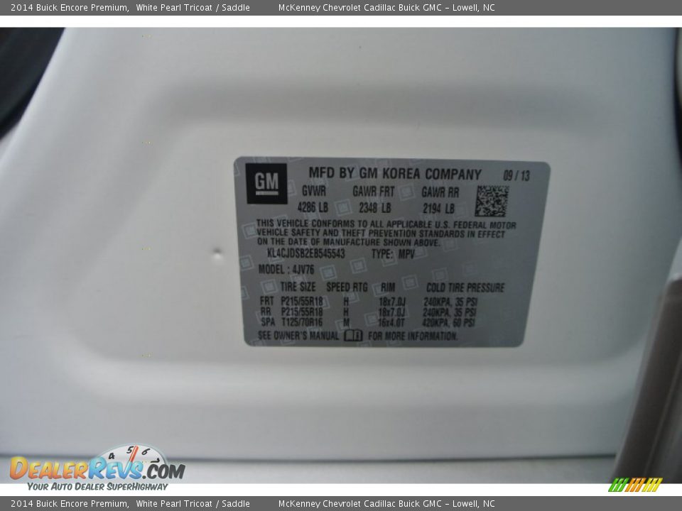 2014 Buick Encore Premium White Pearl Tricoat / Saddle Photo #9