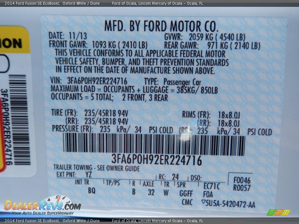 2014 Ford Fusion SE EcoBoost Oxford White / Dune Photo #13