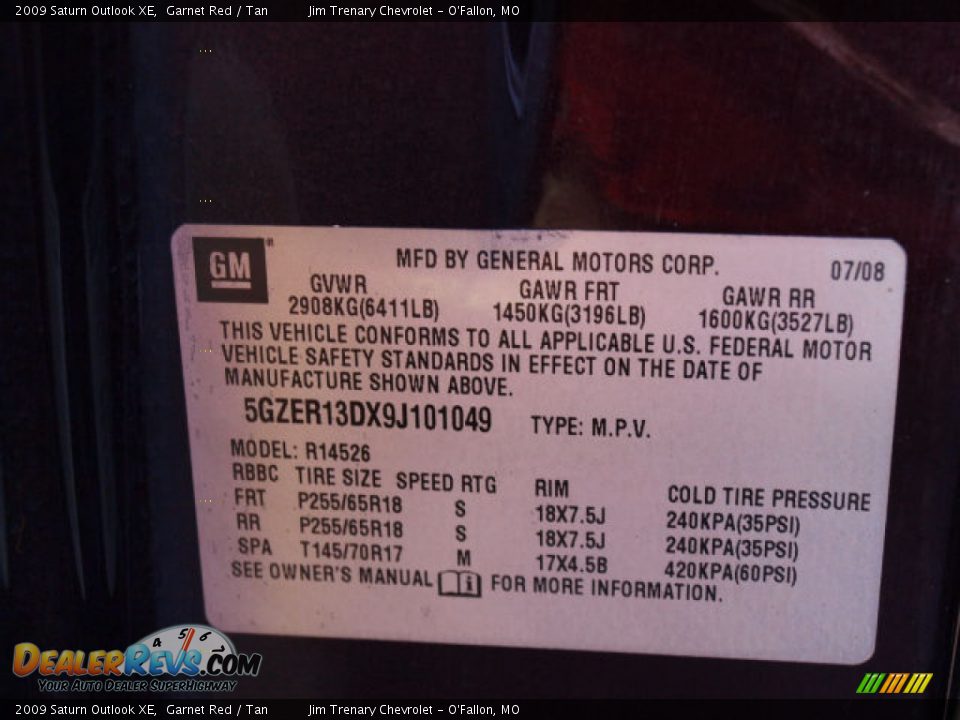 2009 Saturn Outlook XE Garnet Red / Tan Photo #16