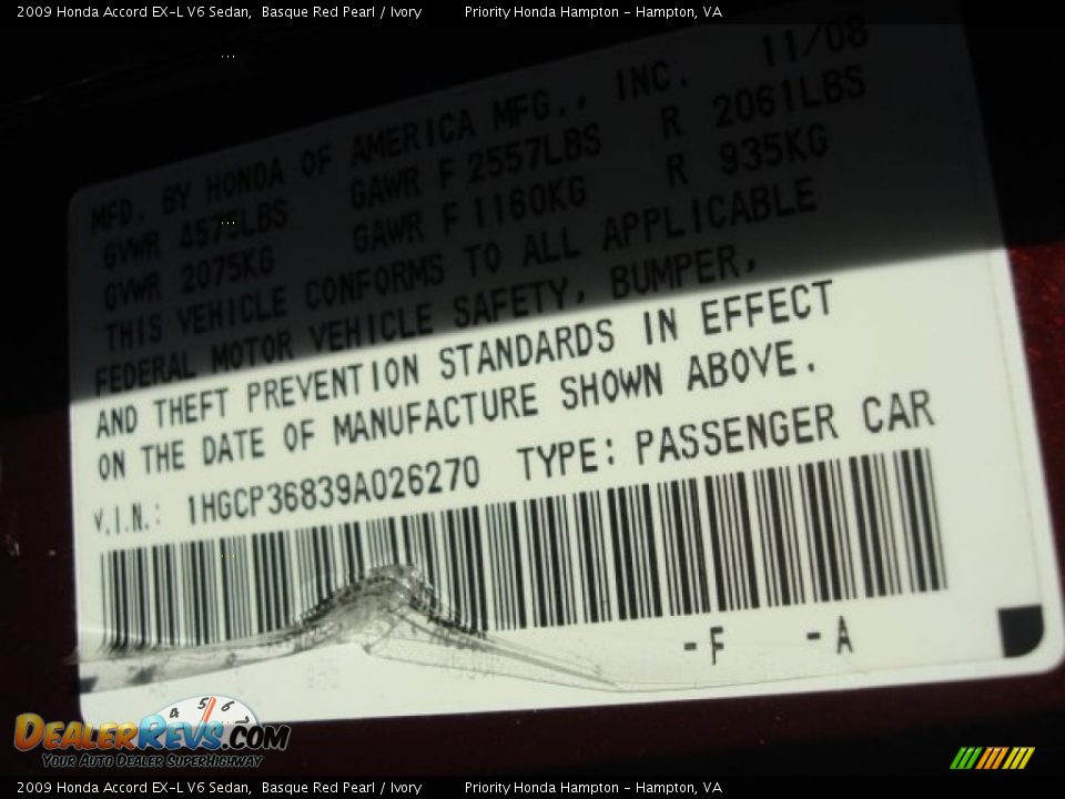 2009 Honda Accord EX-L V6 Sedan Basque Red Pearl / Ivory Photo #29