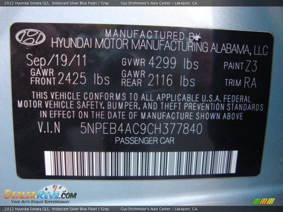 2012 Hyundai Sonata GLS Iridescent Silver Blue Pearl / Gray Photo #26
