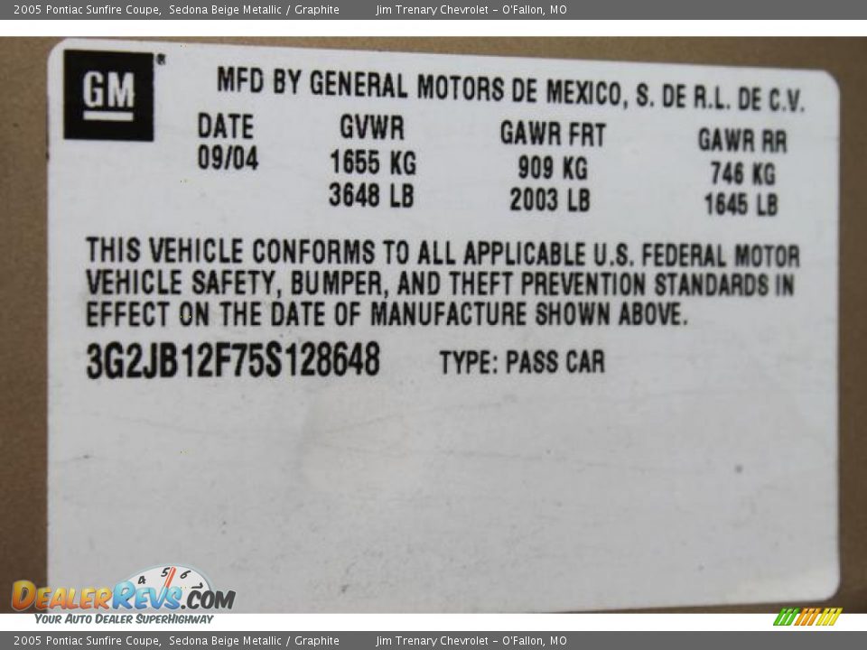 Info Tag of 2005 Pontiac Sunfire Coupe Photo #6