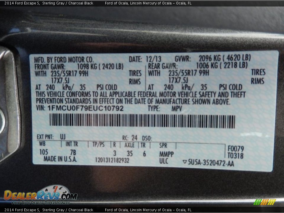 2014 Ford Escape S Sterling Gray / Charcoal Black Photo #12