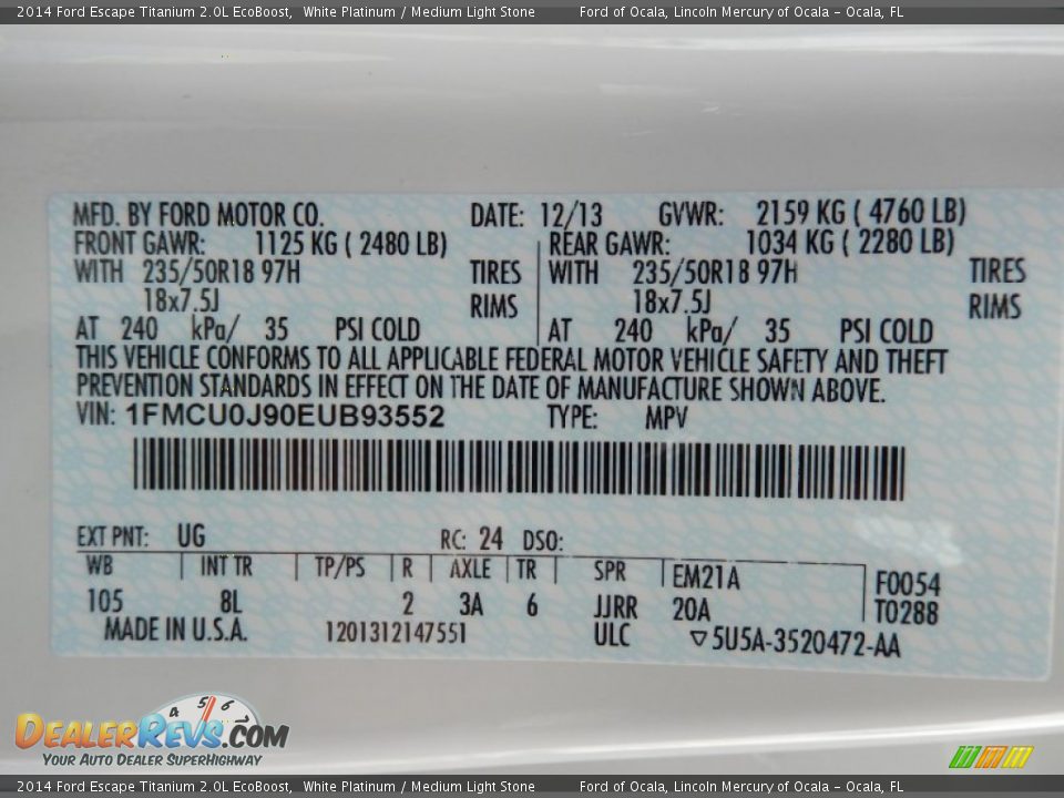 2014 Ford Escape Titanium 2.0L EcoBoost White Platinum / Medium Light Stone Photo #13