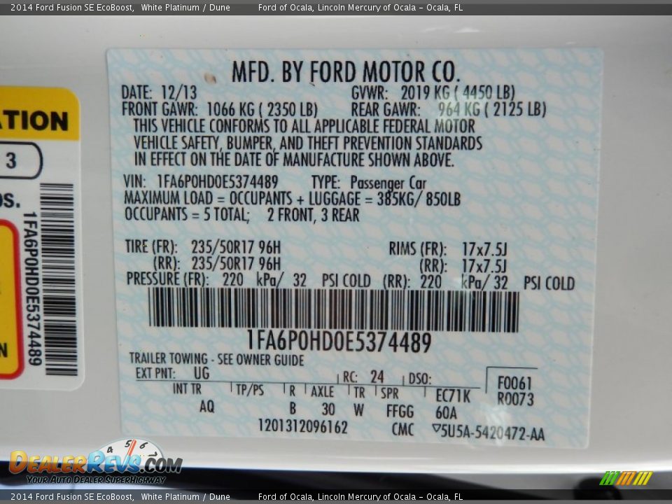 2014 Ford Fusion SE EcoBoost White Platinum / Dune Photo #12