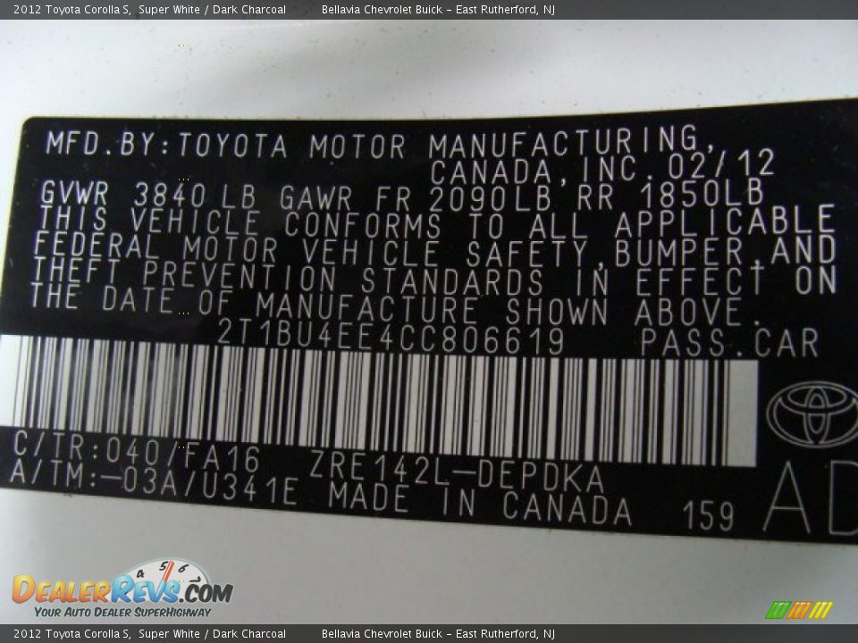 2012 Toyota Corolla S Super White / Dark Charcoal Photo #15