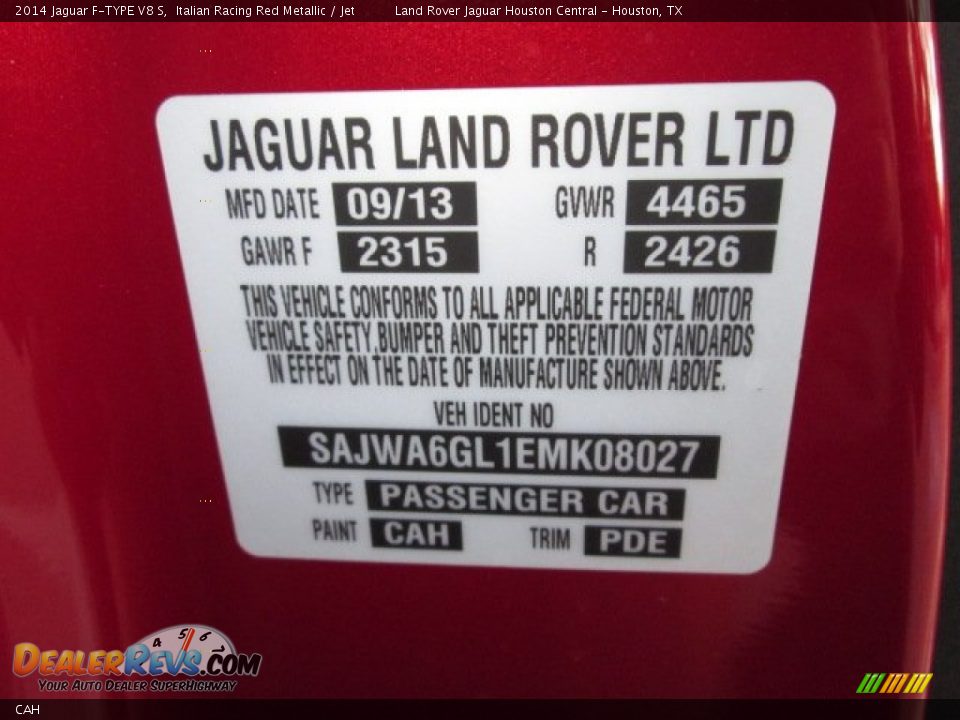 Jaguar Color Code CAH Italian Racing Red Metallic