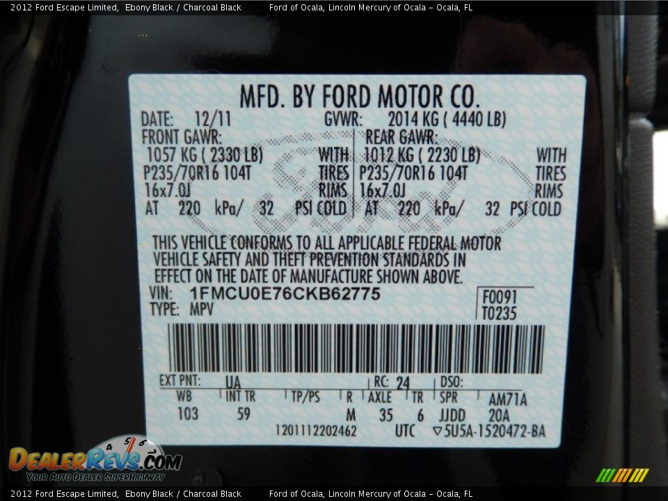 2012 Ford Escape Limited Ebony Black / Charcoal Black Photo #26