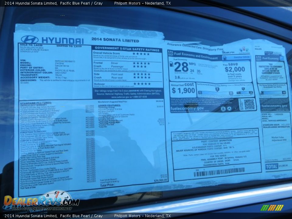 2014 Hyundai Sonata Limited Pacific Blue Pearl / Gray Photo #34