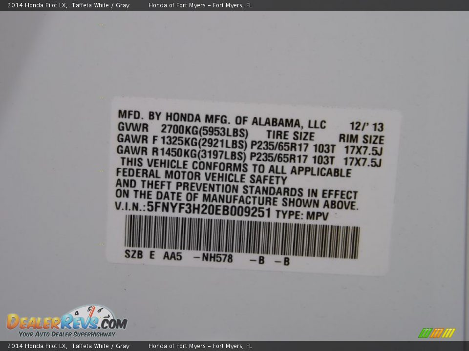 2014 Honda Pilot LX Taffeta White / Gray Photo #30