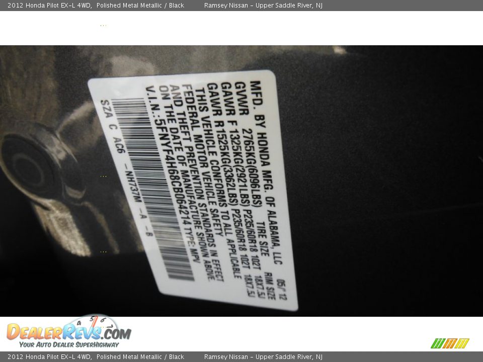 2012 Honda Pilot EX-L 4WD Polished Metal Metallic / Black Photo #34