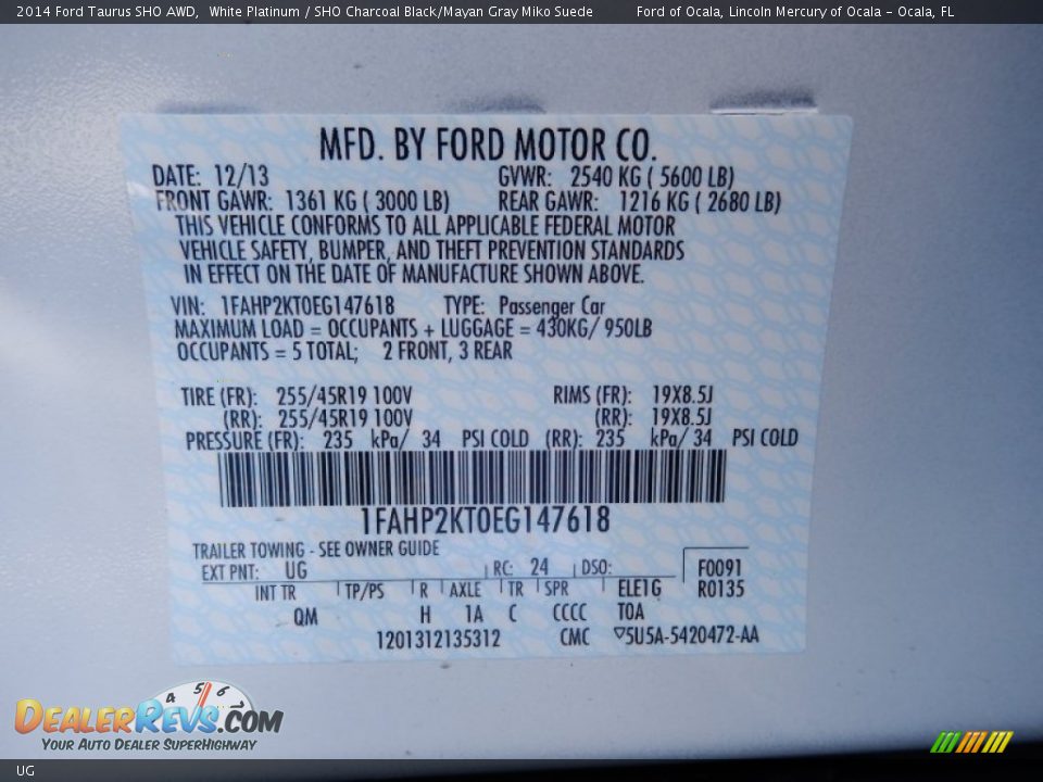 Ford Color Code UG White Platinum
