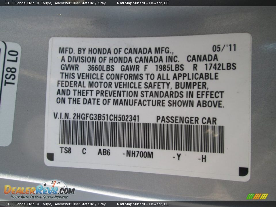 2012 Honda Civic LX Coupe Alabaster Silver Metallic / Gray Photo #28