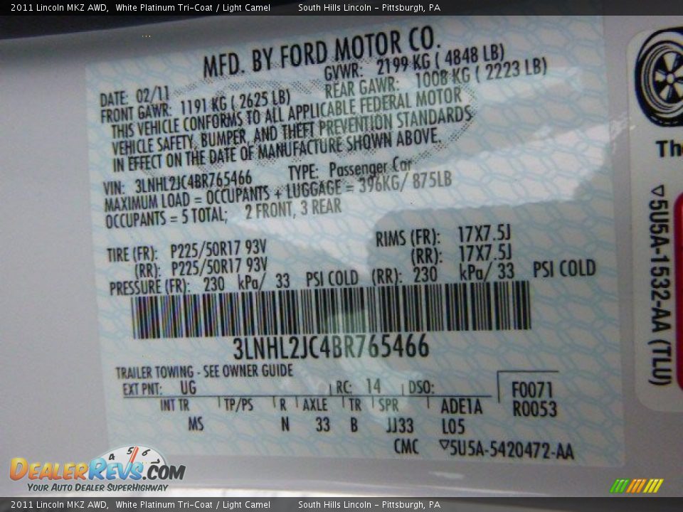 2011 Lincoln MKZ AWD White Platinum Tri-Coat / Light Camel Photo #23