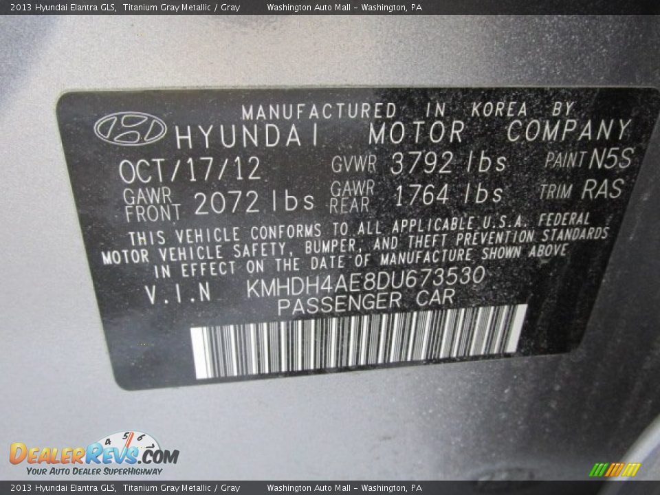 2013 Hyundai Elantra GLS Titanium Gray Metallic / Gray Photo #19