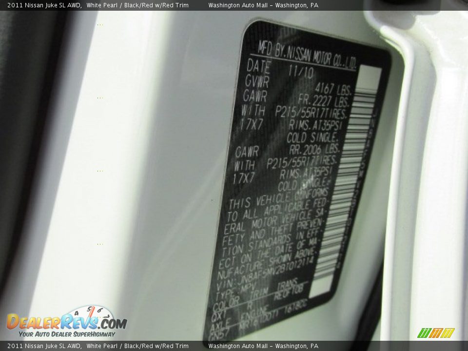 2011 Nissan Juke SL AWD White Pearl / Black/Red w/Red Trim Photo #19