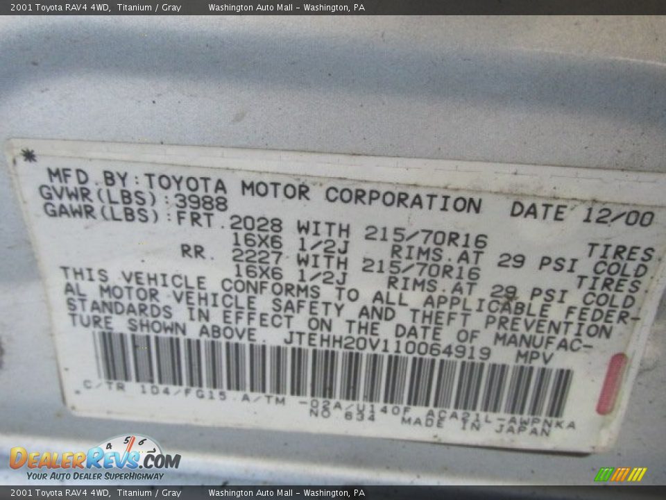 2001 Toyota RAV4 4WD Titanium / Gray Photo #19