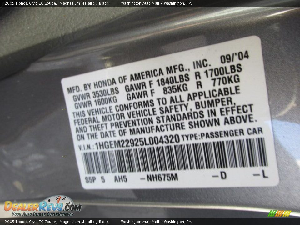 2005 Honda Civic EX Coupe Magnesium Metallic / Black Photo #19