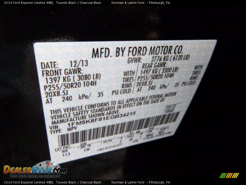 2014 Ford Explorer Limited 4WD Tuxedo Black / Charcoal Black Photo #13