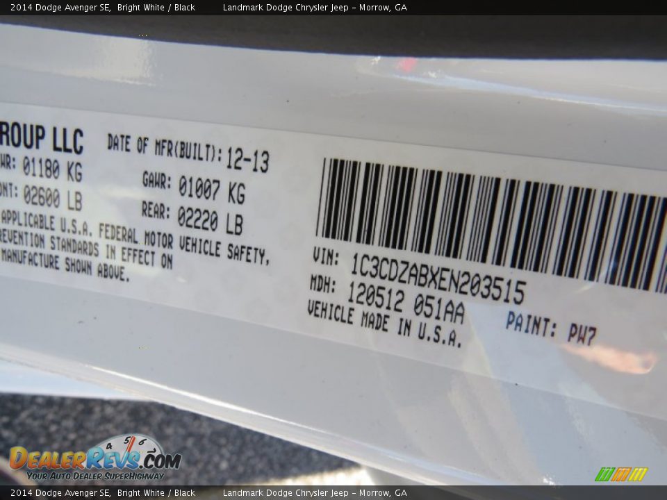 2014 Dodge Avenger SE Bright White / Black Photo #10