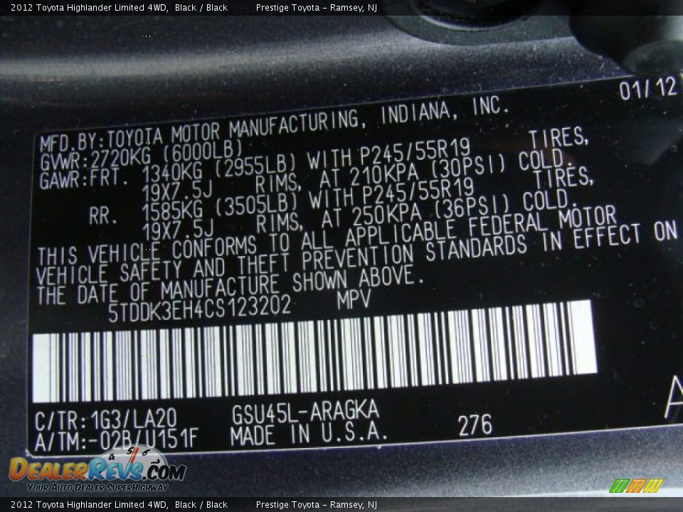 2012 Toyota Highlander Limited 4WD Black / Black Photo #15