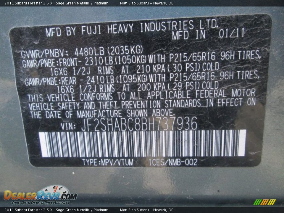 2011 Subaru Forester 2.5 X Sage Green Metallic / Platinum Photo #28