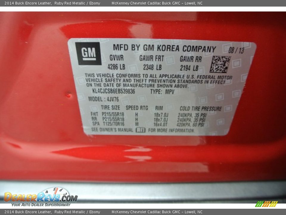 Info Tag of 2014 Buick Encore Leather Photo #7