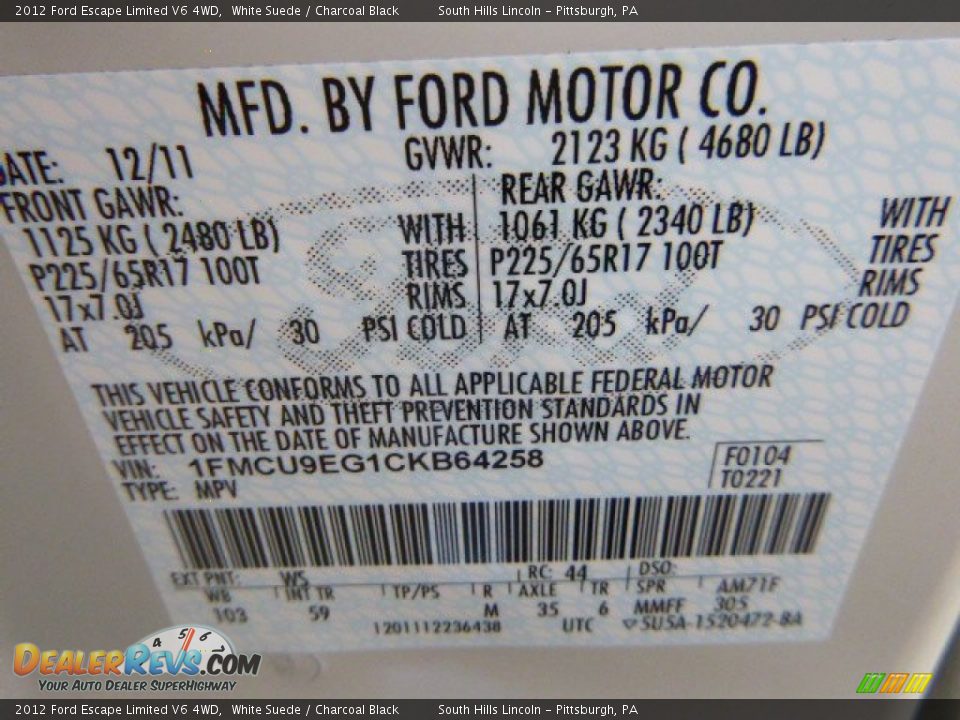 2012 Ford Escape Limited V6 4WD White Suede / Charcoal Black Photo #24