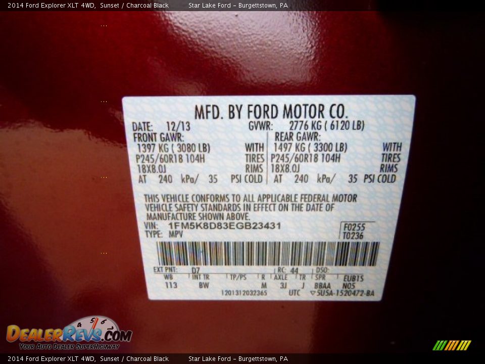 2014 Ford Explorer XLT 4WD Sunset / Charcoal Black Photo #20