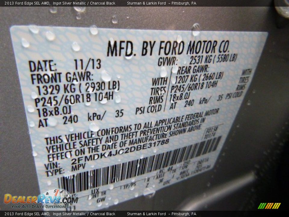 2013 Ford Edge SEL AWD Ingot Silver Metallic / Charcoal Black Photo #14
