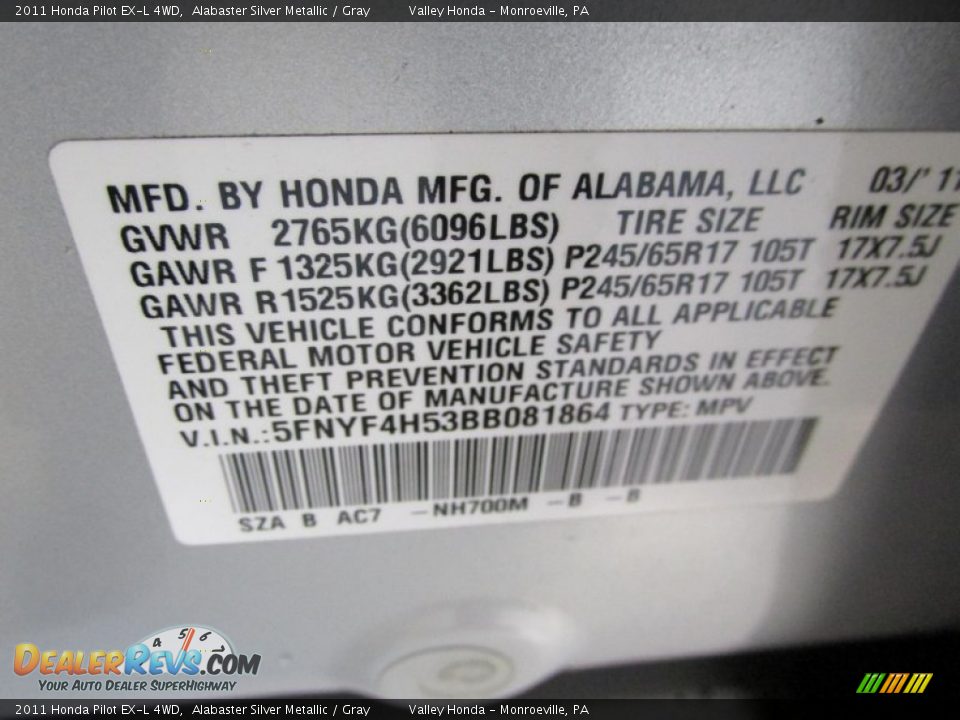 2011 Honda Pilot EX-L 4WD Alabaster Silver Metallic / Gray Photo #14