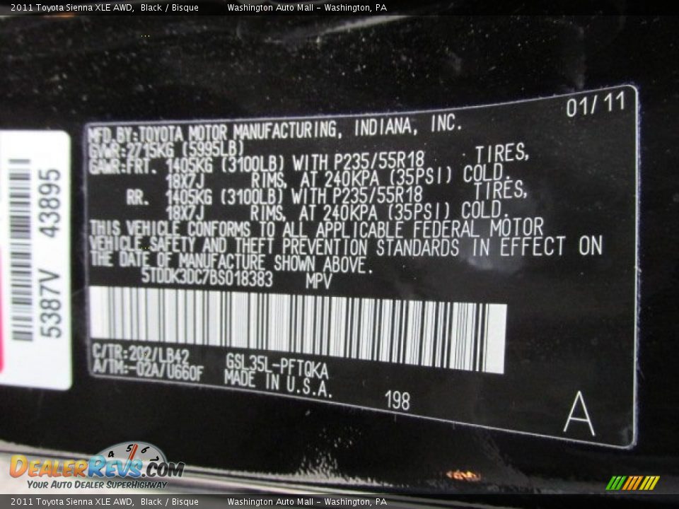 2011 Toyota Sienna XLE AWD Black / Bisque Photo #19