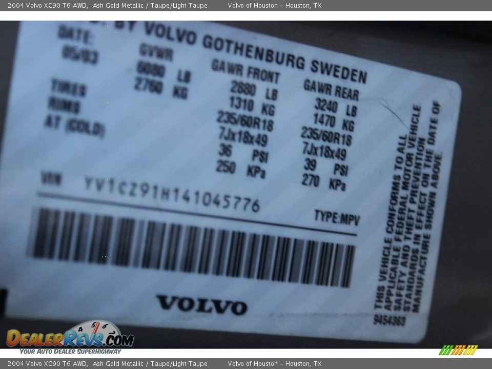 2004 Volvo XC90 T6 AWD Ash Gold Metallic / Taupe/Light Taupe Photo #30