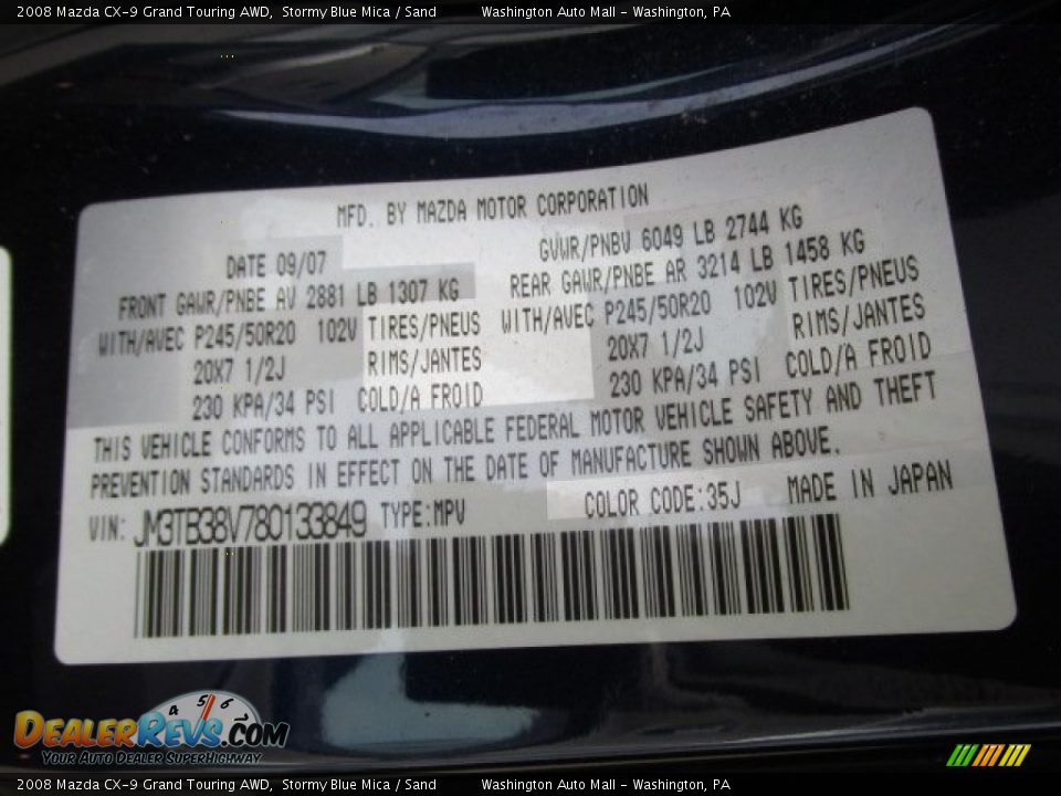 2008 Mazda CX-9 Grand Touring AWD Stormy Blue Mica / Sand Photo #19